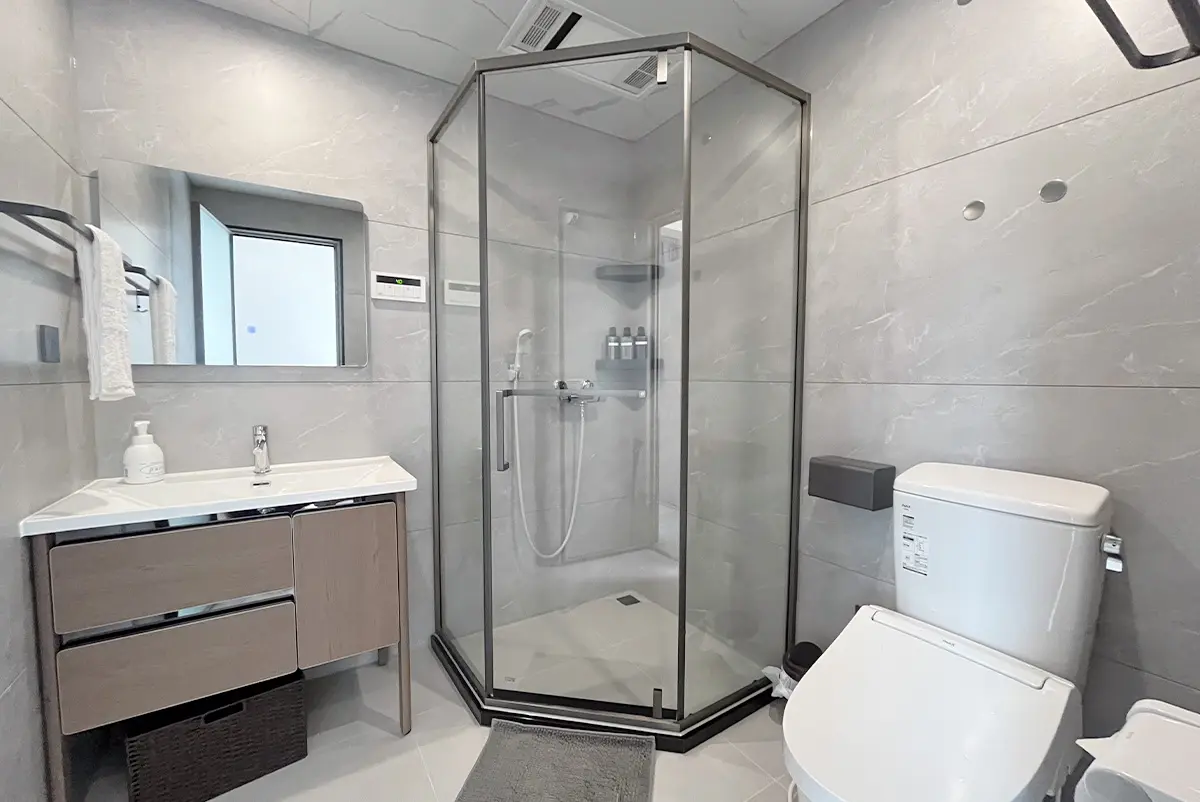 シャワーと洗面台とトイレを備えた水回り